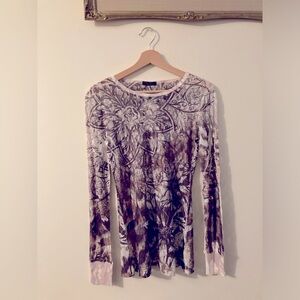 NWTS Current Long Sleeve Brown and White Floral Lace Top Sheer Top Retro 90s